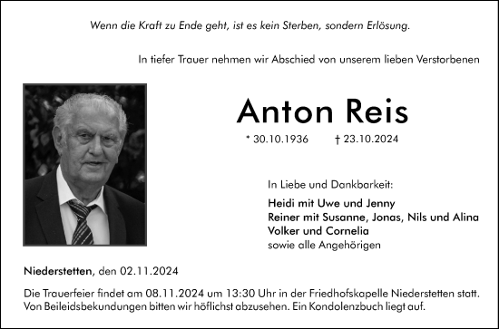 Traueranzeige von Anton Reis von Fränkische Nachrichten