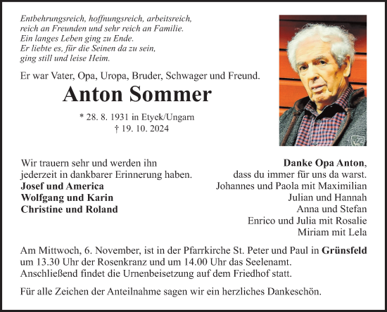 Traueranzeige von Anton Sommer von Fränkische Nachrichten