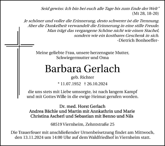 Traueranzeige von Barbara Gerlach von Mannheimer Morgen