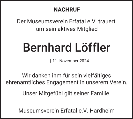 Traueranzeige von Bernhard Löffler von Fränkische Nachrichten