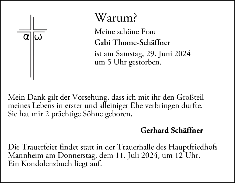  Traueranzeige für Gabi Thome-Schäffner vom 06.07.2024 aus Mannheimer Morgen