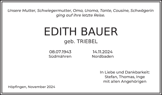 Traueranzeige von Edith Bauer von Fränkische Nachrichten