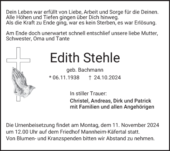 Traueranzeige von Edith Stehle von Mannheimer Morgen