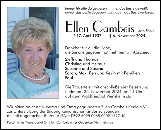 Traueranzeige von Ellen Cambeis von Mannheimer Morgen