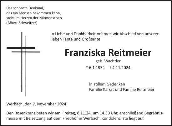 Traueranzeige von Franziska Reitmeier von Fränkische Nachrichten