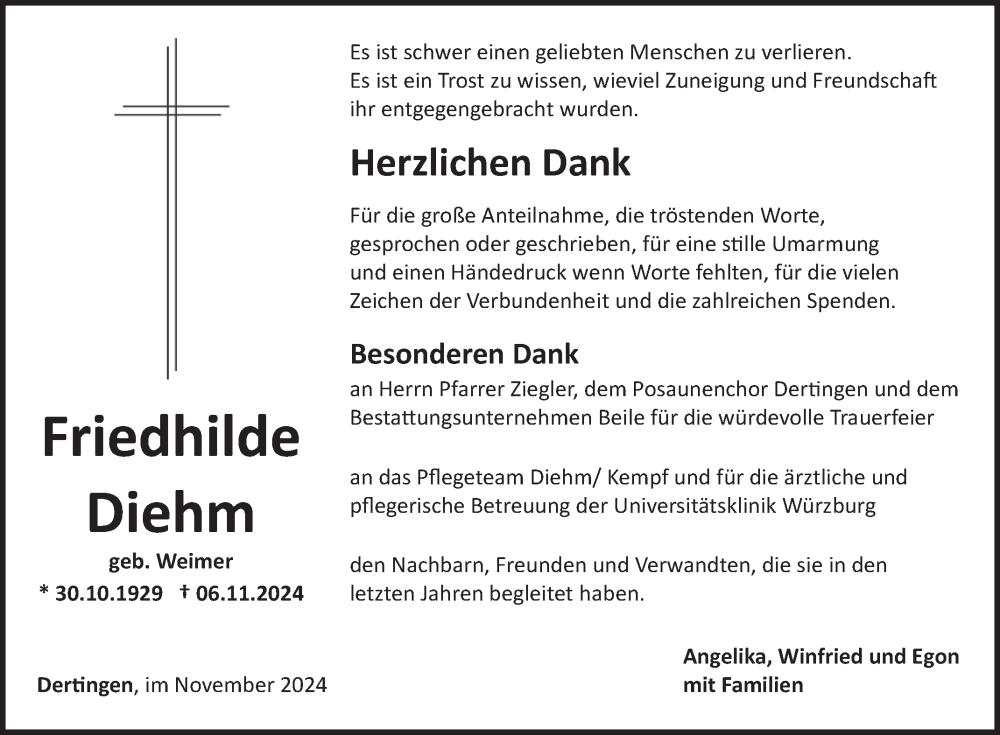  Traueranzeige für Friedhilde Diehm vom 30.11.2024 aus Fränkische Nachrichten