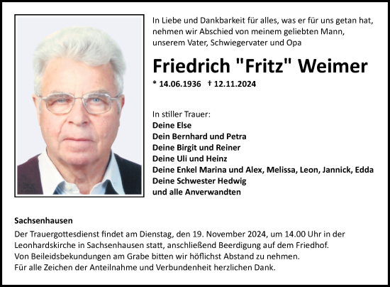 Traueranzeige von Friedrich Weimer von Fränkische Nachrichten