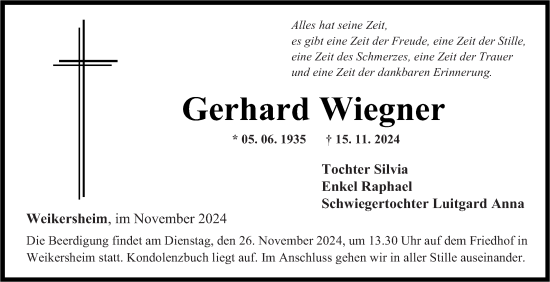 Traueranzeige von Gerhard Wiegner von Fränkische Nachrichten