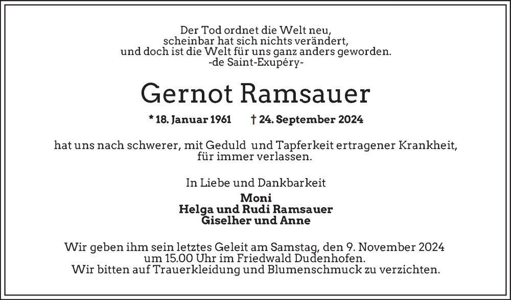  Traueranzeige für Gernot Ramsauer vom 02.11.2024 aus Schwetzinger Zeitung