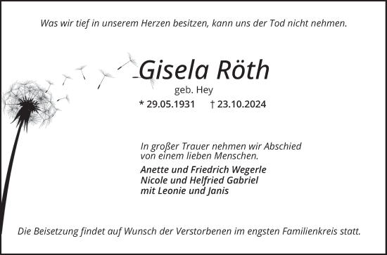 Traueranzeige von Gisela Röth von Mannheimer Morgen