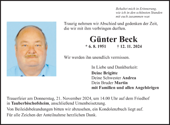 Traueranzeige von Günter Beck von Fränkische Nachrichten