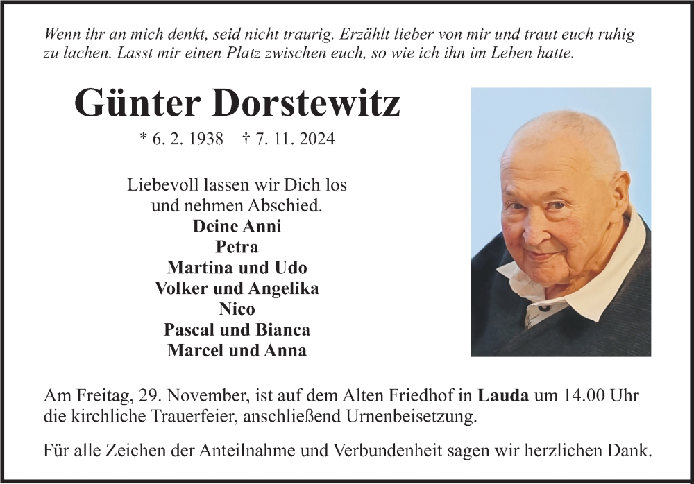  Traueranzeige für Günter Dorstewitz vom 23.11.2024 aus Fränkische Nachrichten