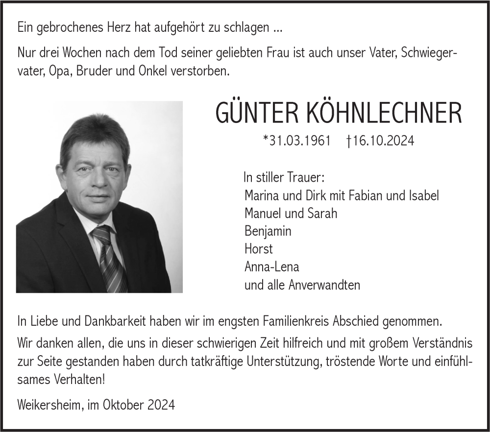  Traueranzeige für Günter Köhnlechner vom 02.11.2024 aus Fränkische Nachrichten