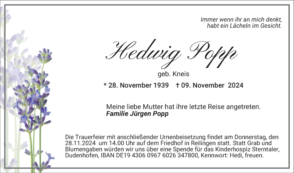  Traueranzeige für Hedwig Popp vom 25.11.2024 aus Schwetzinger Zeitung