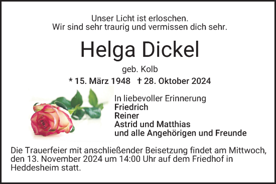 Traueranzeige von Helga Dickel von Mannheimer Morgen