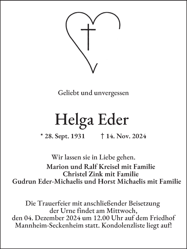  Traueranzeige für Helga Eder vom 30.11.2024 aus Mannheimer Morgen