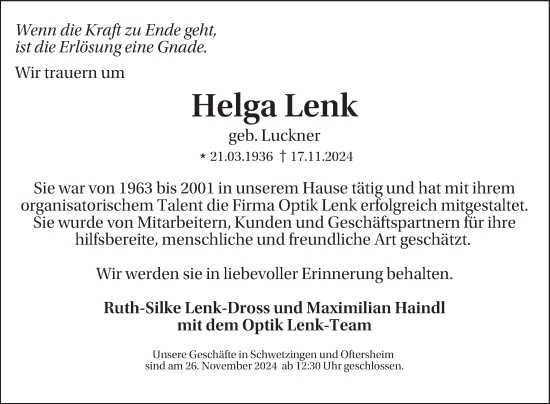 Traueranzeige von Helga Lenk von Schwetzinger Zeitung