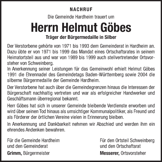 Traueranzeige von Helmut Göbes von Fränkische Nachrichten