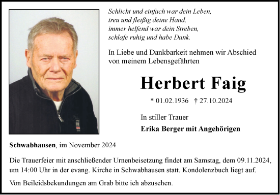 Traueranzeige von Herbert Faig von Fränkische Nachrichten