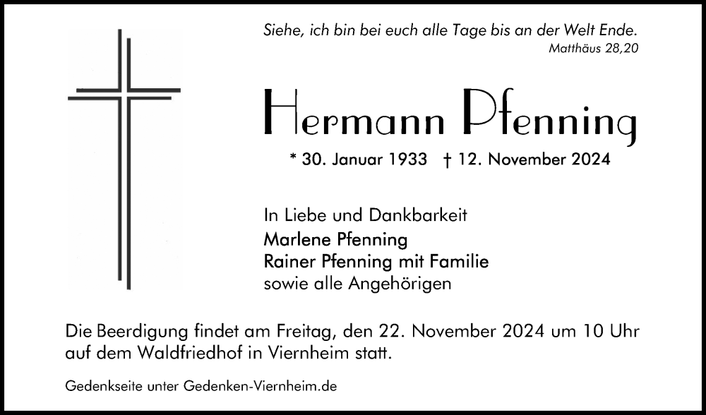  Traueranzeige für Hermann Pfenning vom 16.11.2024 aus Mannheimer Morgen