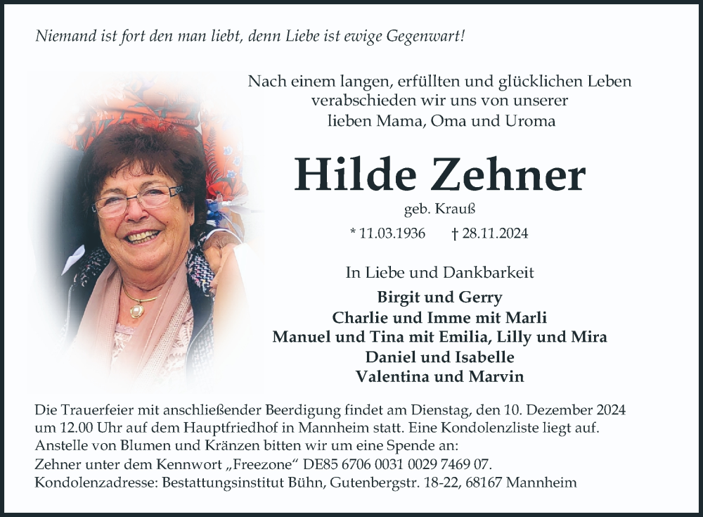  Traueranzeige für Hilde Zehner vom 30.11.2024 aus Mannheimer Morgen