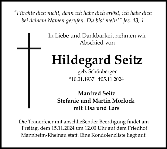 Traueranzeige von Hildegard Seitz von Mannheimer Morgen