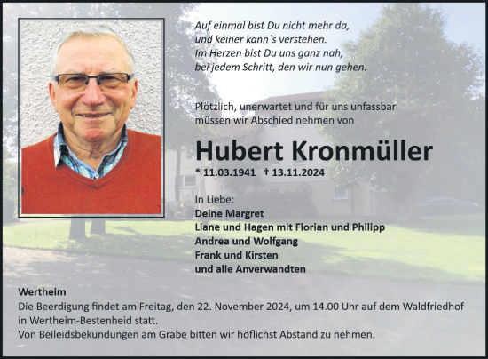 Traueranzeige von Hubert Kronmüller von Fränkische Nachrichten