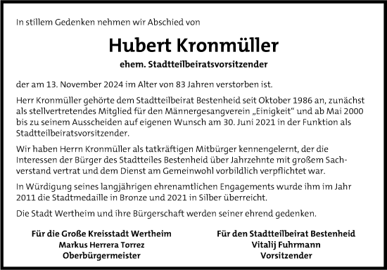 Traueranzeige von Hubert Kronmüller von Fränkische Nachrichten