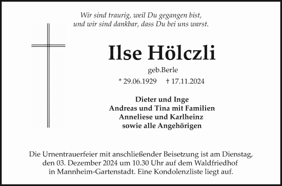 Traueranzeige von Ilse Hölczli von Mannheimer Morgen