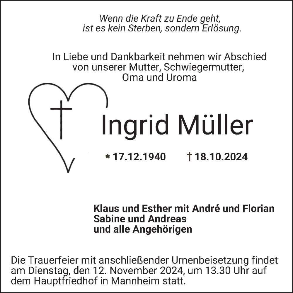  Traueranzeige für Ingrid Müller vom 09.11.2024 aus Mannheimer Morgen