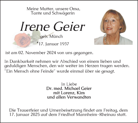 Traueranzeige von Irene Geier von Mannheimer Morgen