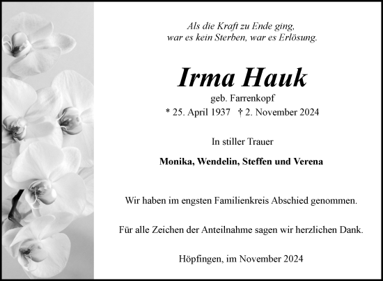 Traueranzeige von Irma Hauk von Fränkische Nachrichten