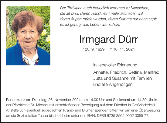 Traueranzeige von Irmgard Dürr von Fränkische Nachrichten