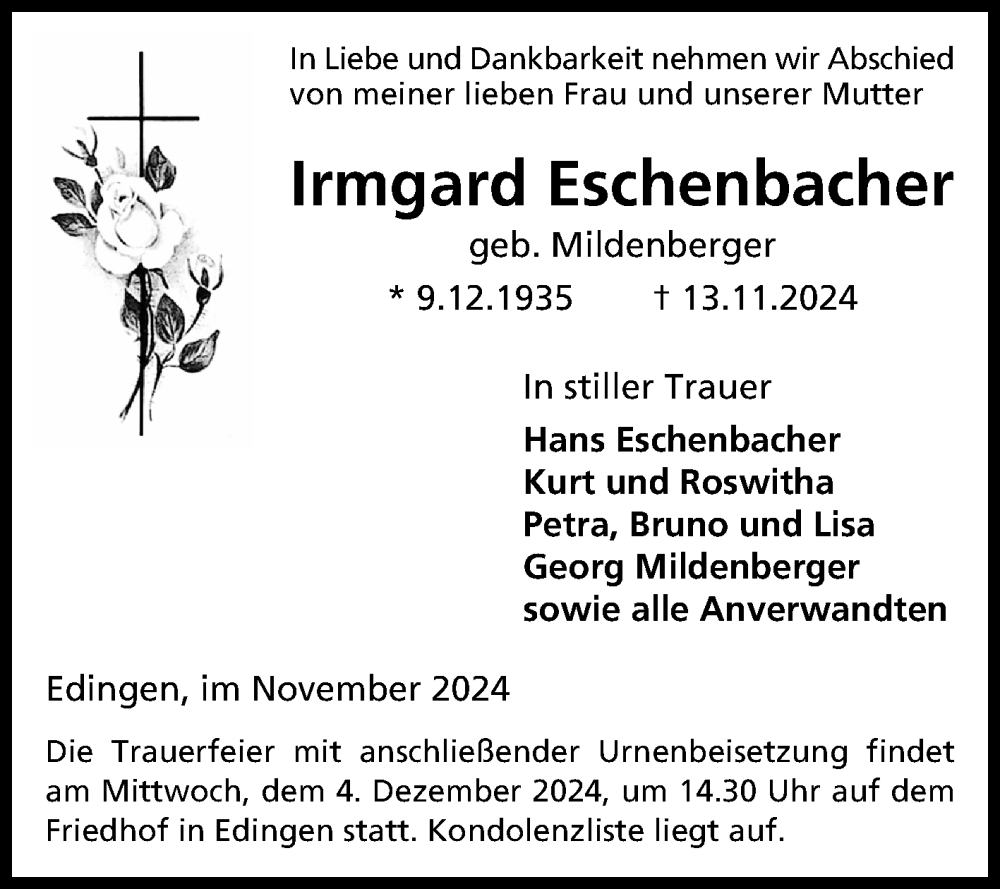  Traueranzeige für Irmgard Eschenbacher vom 23.11.2024 aus Mannheimer Morgen