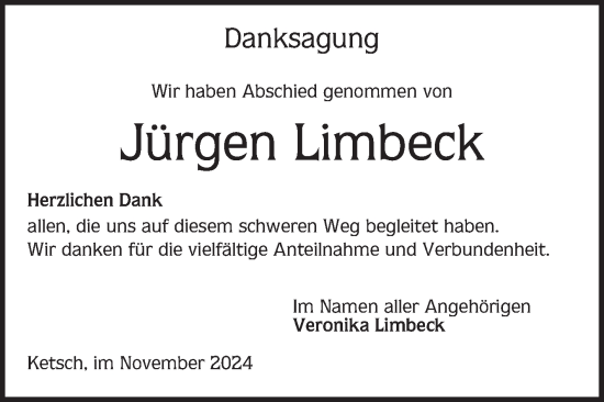 Traueranzeige von Jürgen Limbeck von Schwetzinger Zeitung