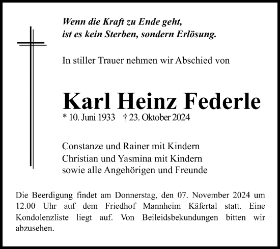 Traueranzeige von Karl Heinz Federle von Mannheimer Morgen