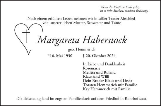 Traueranzeige von Margareta Haberstock von Schwetzinger Zeitung