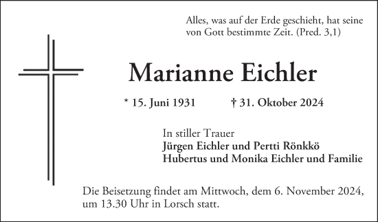 Traueranzeige von Marianne Eichler von Bergsträßer Anzeiger