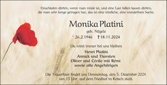 Traueranzeige von Monika Platini von Schwetzinger Zeitung