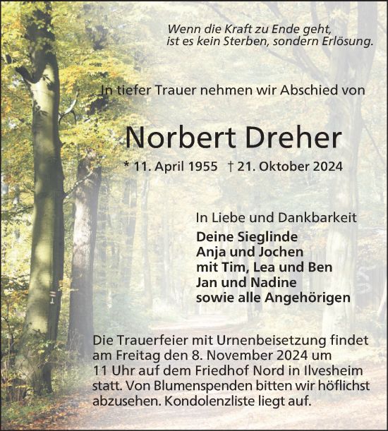 Traueranzeige von Norbert Dreher von Mannheimer Morgen