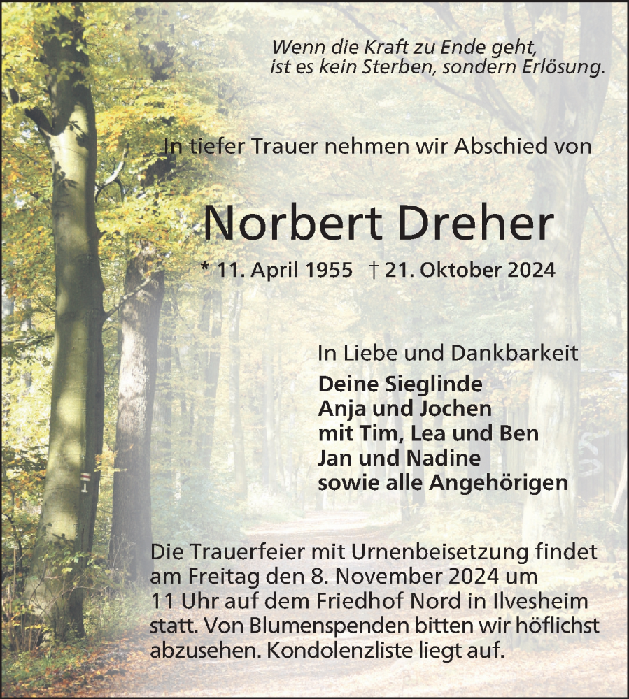  Traueranzeige für Norbert Dreher vom 02.11.2024 aus Mannheimer Morgen