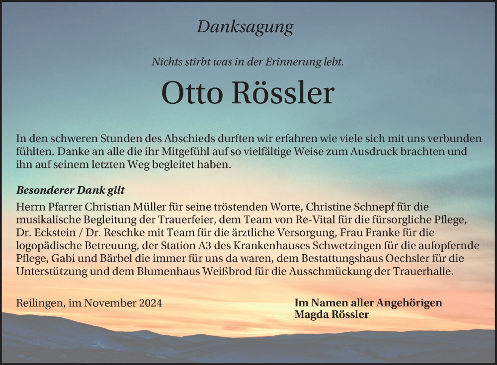  Traueranzeige für Otto Rössler vom 16.11.2024 aus Schwetzinger Zeitung