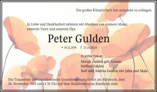 Traueranzeige von Peter Gulden von Bergsträßer Anzeiger