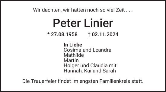 Traueranzeige von Peter Linier von Mannheimer Morgen