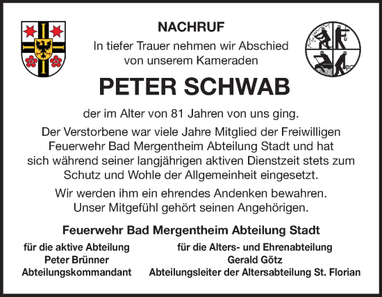 Traueranzeige von Peter Schwab von Fränkische Nachrichten