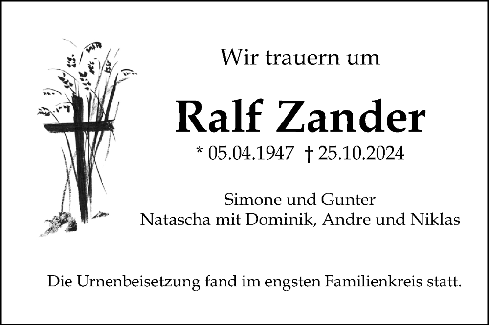  Traueranzeige für Ralf Zander vom 23.11.2024 aus Mannheimer Morgen