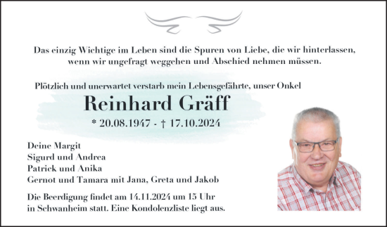 Traueranzeige von Reinhard Gräff von Bergsträßer Anzeiger