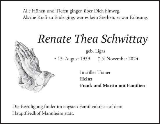 Traueranzeige von Renate Thea Schwittay von Mannheimer Morgen