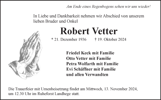 Traueranzeige von Robert Vetter von Fränkische Nachrichten