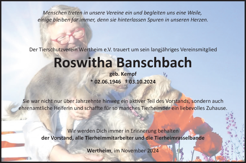 Traueranzeige für Roswitha Banschbach vom 06.11.2024 aus Fränkische Nachrichten